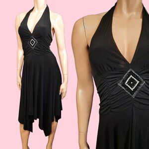 90s Y2K Black sleeveless Halter Dress Asymmetric Hem Size S deep V Neck Beaded